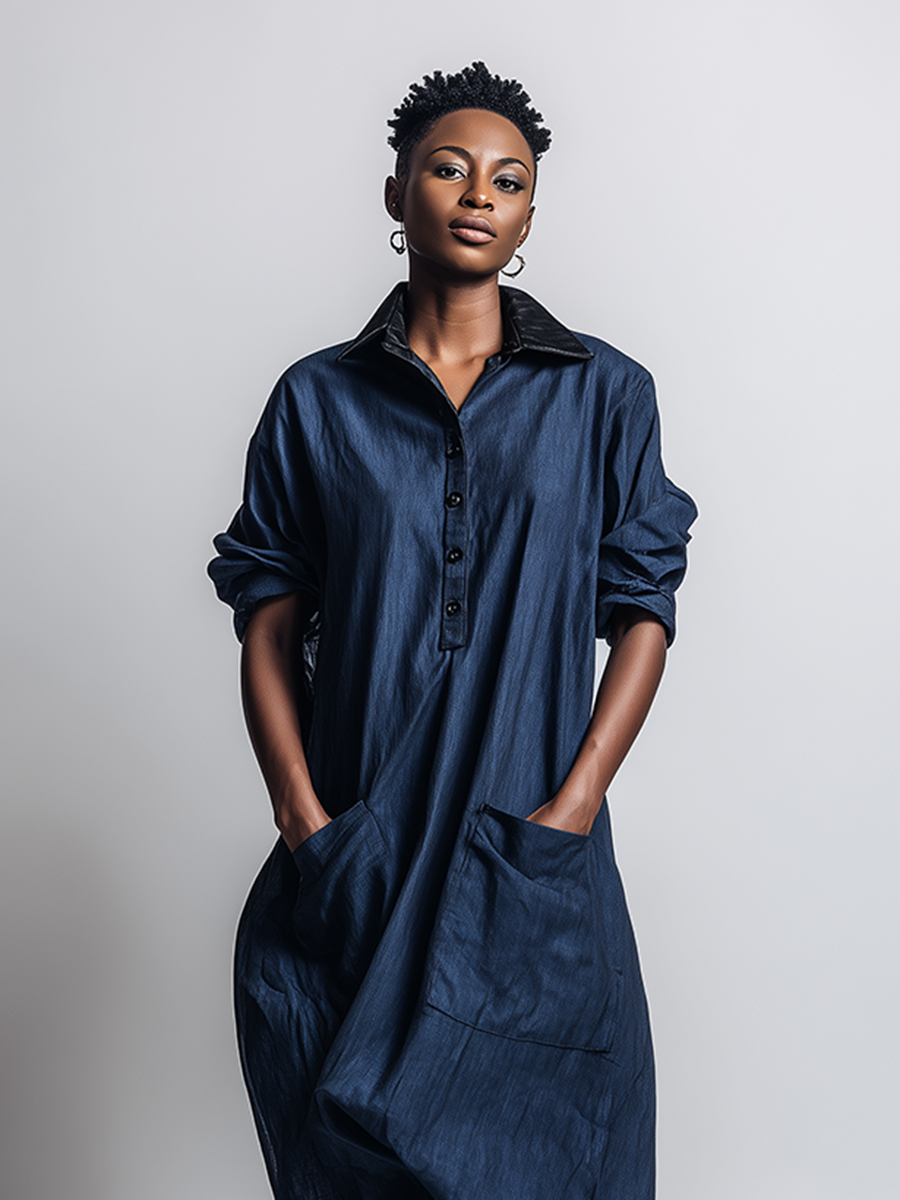 Women's Minimalist Workwear-Style Commuter Dress — Loose-Fit, Distressed Dark Blue, With Leather Collar MDZ2093D9ZJW