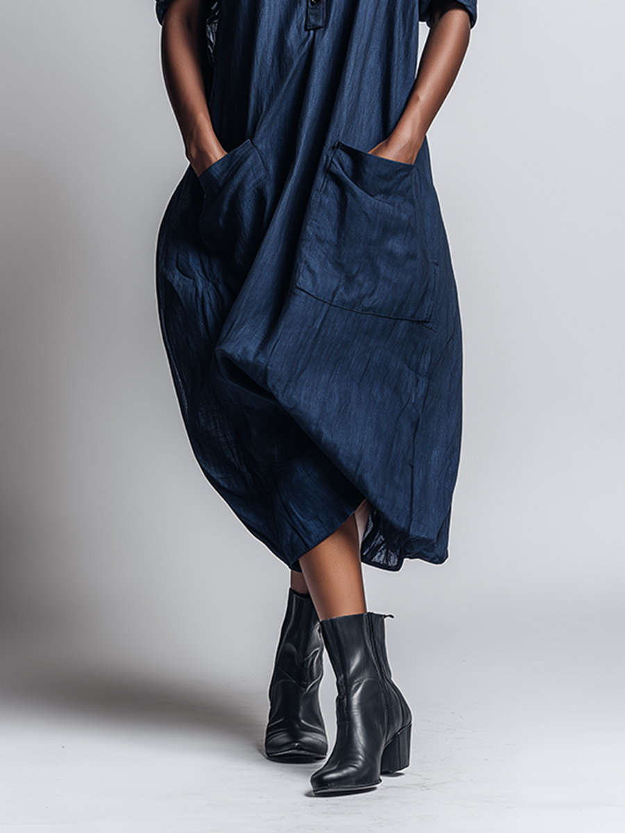 Women's Minimalist Workwear-Style Commuter Dress — Loose-Fit, Distressed Dark Blue, With Leather Collar MDZ2093D9ZJW