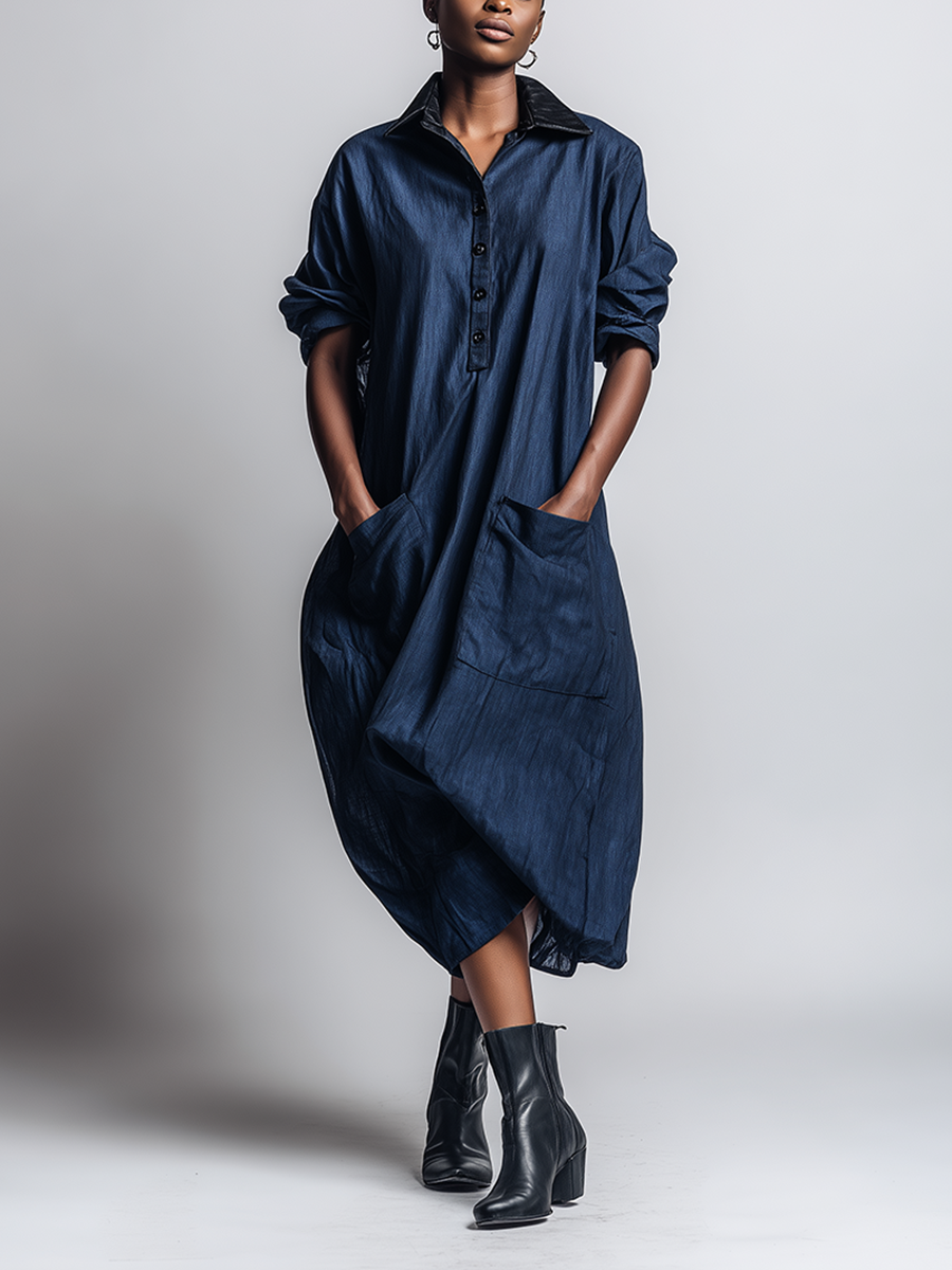 Women's Minimalist Workwear-Style Commuter Dress — Loose-Fit, Distressed Dark Blue, With Leather Collar MDZ2093D9ZJW