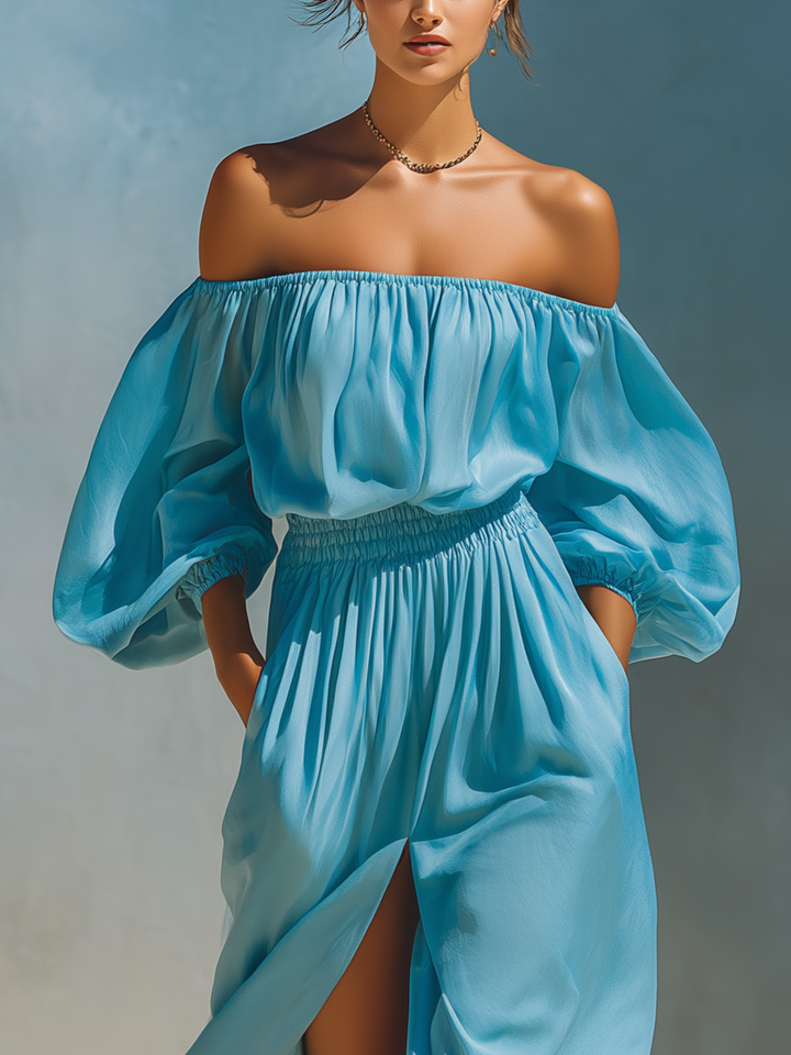 Women’s Sky Blue Off-the-Shoulder Puff Sleeve Smocked Waist High Slit Maxi Dress With Pockets MDZ2191D7T