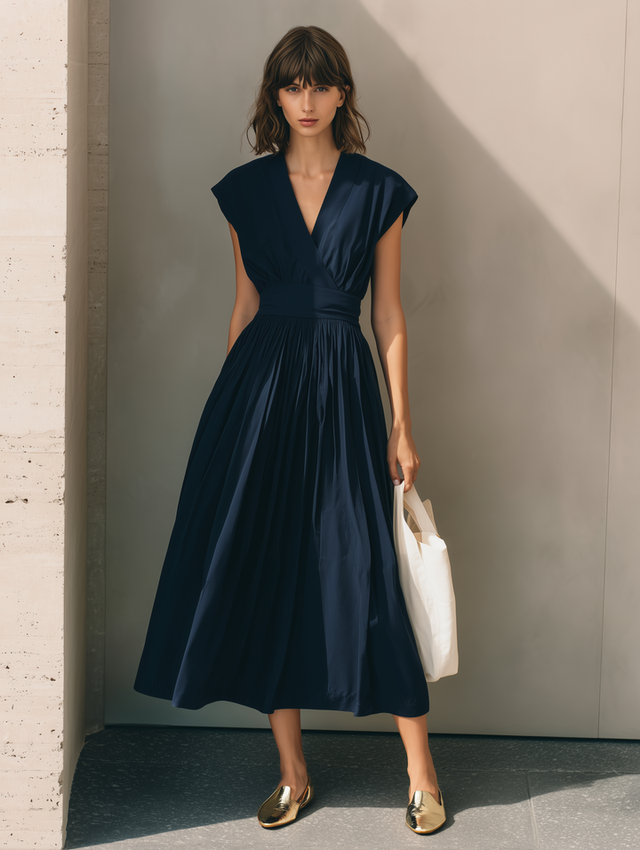 Women's Modern Minimalist French-Style Elegant Dress — V-Neck, X-Silhouette, Cinched Waist, Deep Navy Blue  MDZ2136D9ZJW