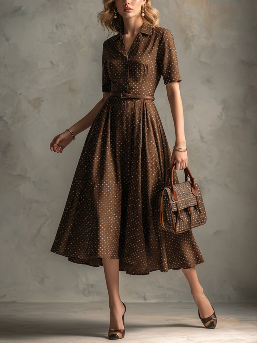 Women's Vintage Brown Cotton-Blend Polka Dot Waisted Shirt Midi Dress MDZ2138D3GMJ