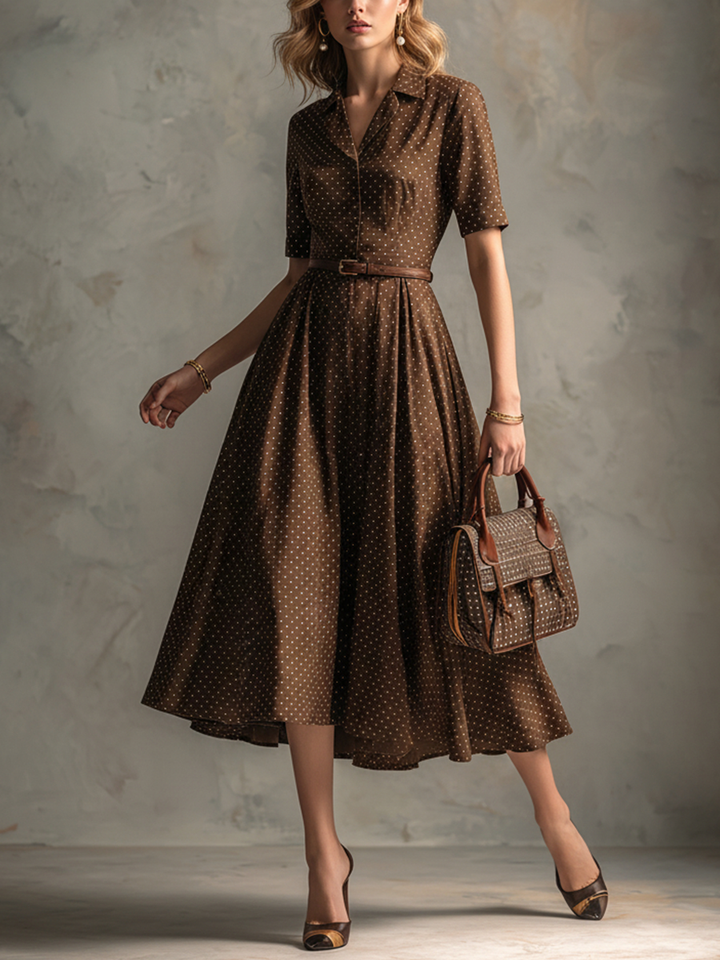 Women's Vintage Brown Cotton-Blend Polka Dot Waisted Shirt Midi Dress MDZ2138D3GMJ