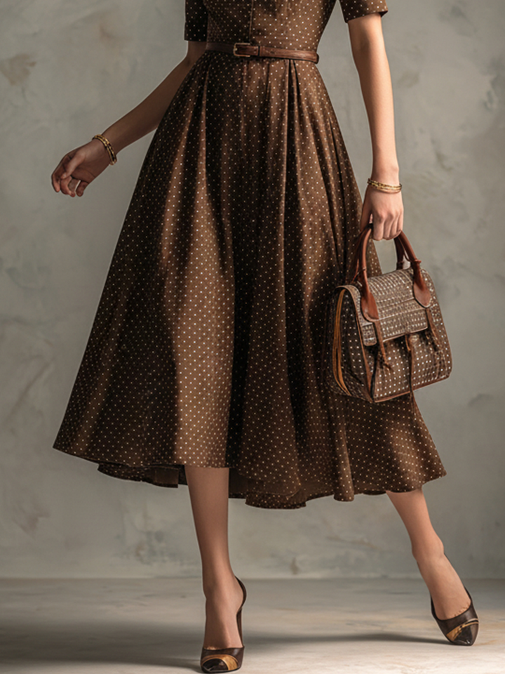 Women's Vintage Brown Cotton-Blend Polka Dot Waisted Shirt Midi Dress MDZ2138D3GMJ
