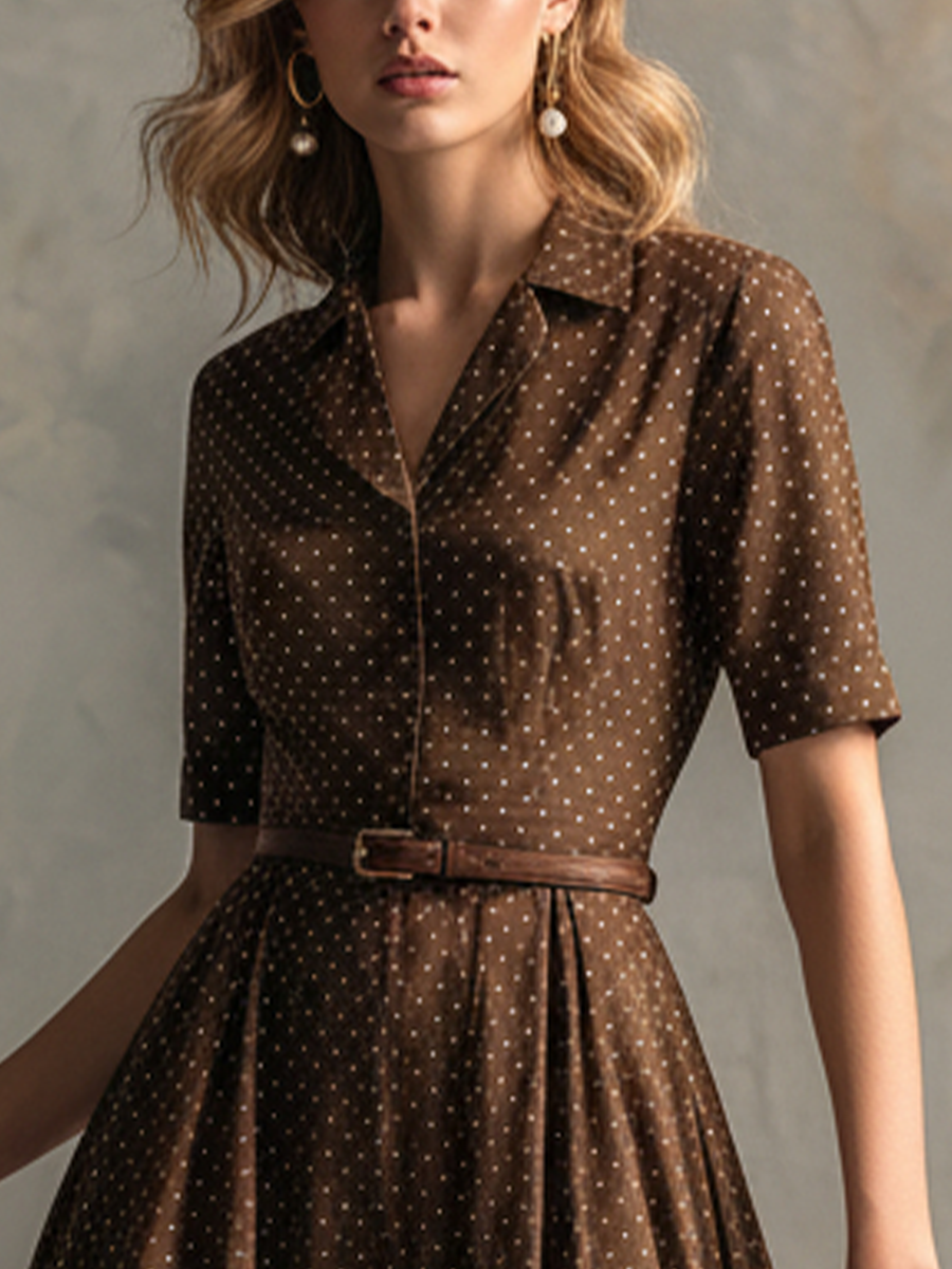 Women's Vintage Brown Cotton-Blend Polka Dot Waisted Shirt Midi Dress MDZ2138D3GMJ