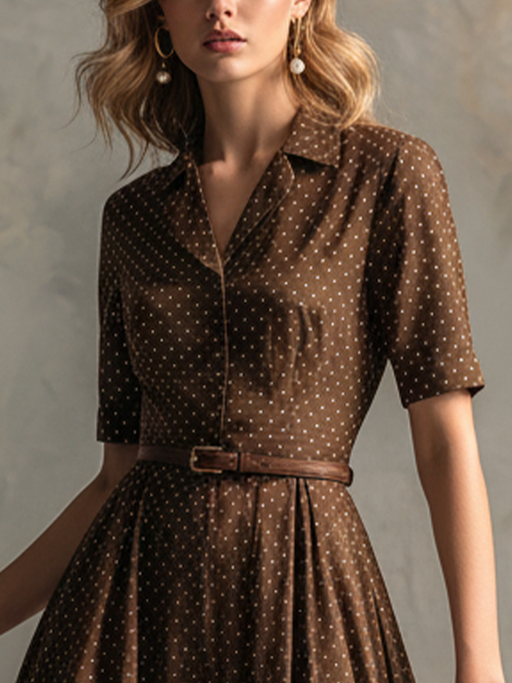 Women's Vintage Brown Cotton-Blend Polka Dot Waisted Shirt Midi Dress MDZ2138D3GMJ