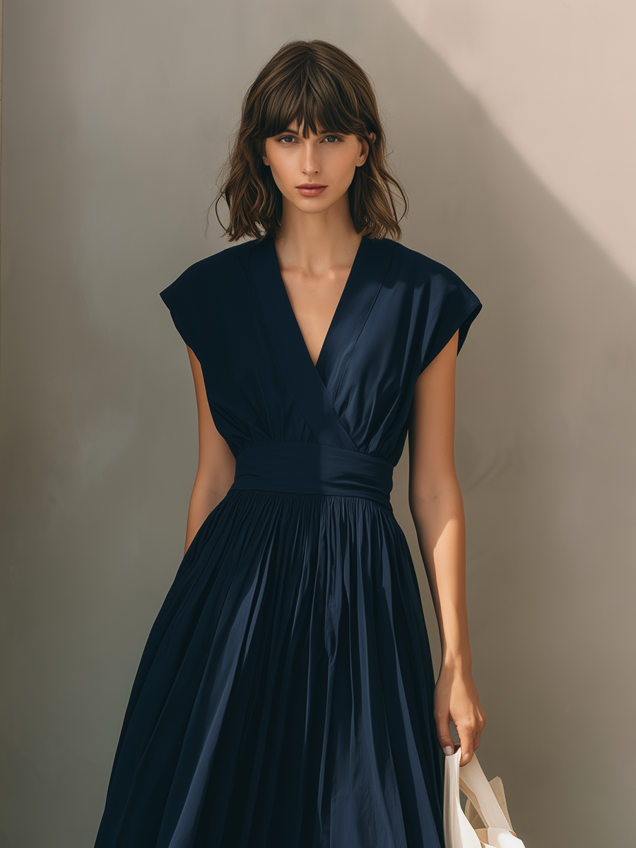Women's Modern Minimalist French-Style Elegant Dress — V-Neck, X-Silhouette, Cinched Waist, Deep Navy Blue  MDZ2136D9ZJW