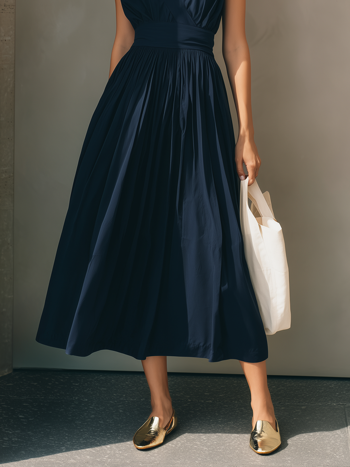 Women's Modern Minimalist French-Style Elegant Dress — V-Neck, X-Silhouette, Cinched Waist, Deep Navy Blue  MDZ2136D9ZJW