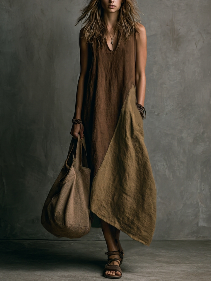Women's Casual Brown And Khaki Cotton-Linen Patchwork V-Neck Sleeveless Asymmetrical Long Dress MDZ2290D1GMJ