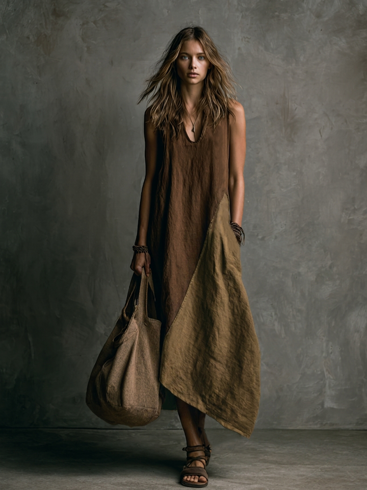 Women's Casual Brown And Khaki Cotton-Linen Patchwork V-Neck Sleeveless Asymmetrical Long Dress MDZ2290D1GMJ