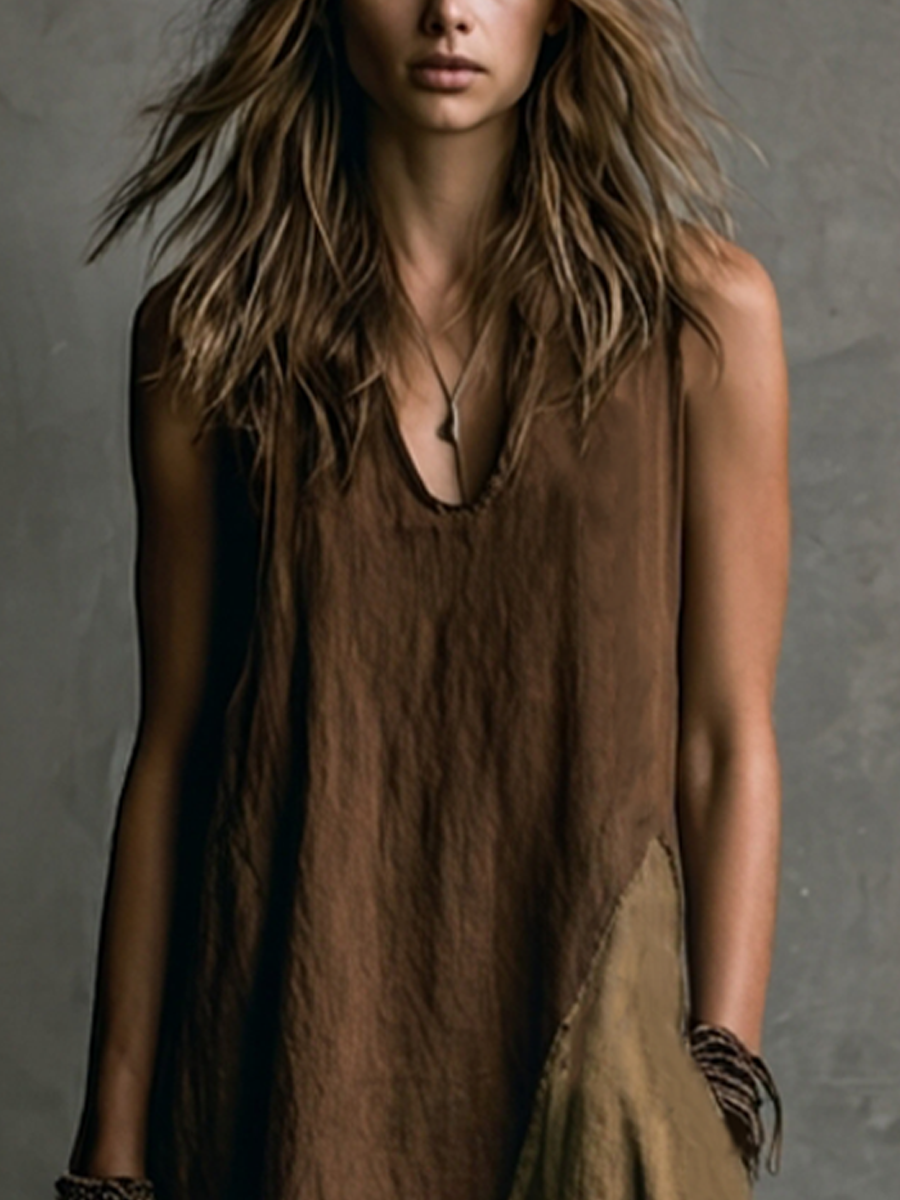 Women's Casual Brown And Khaki Cotton-Linen Patchwork V-Neck Sleeveless Asymmetrical Long Dress MDZ2290D1GMJ