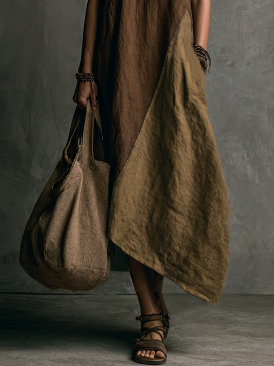 Women's Casual Brown And Khaki Cotton-Linen Patchwork V-Neck Sleeveless Asymmetrical Long Dress MDZ2290D1GMJ