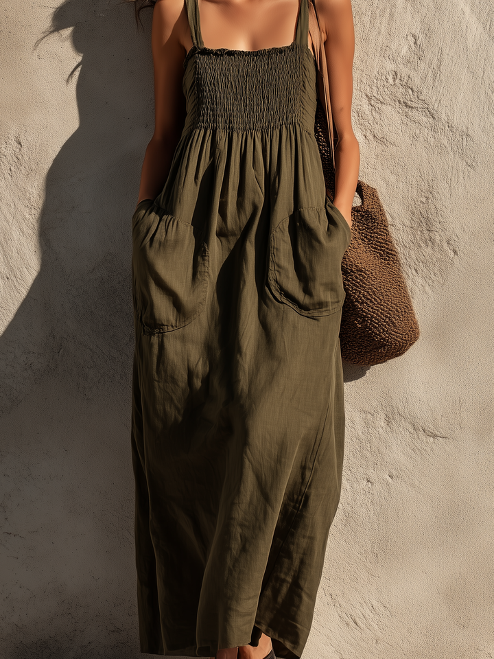 Women's Casual Olive Green Cotton-Linen Maxi Dress — Square Neck, Sleeveless MDZ2308D5LXY