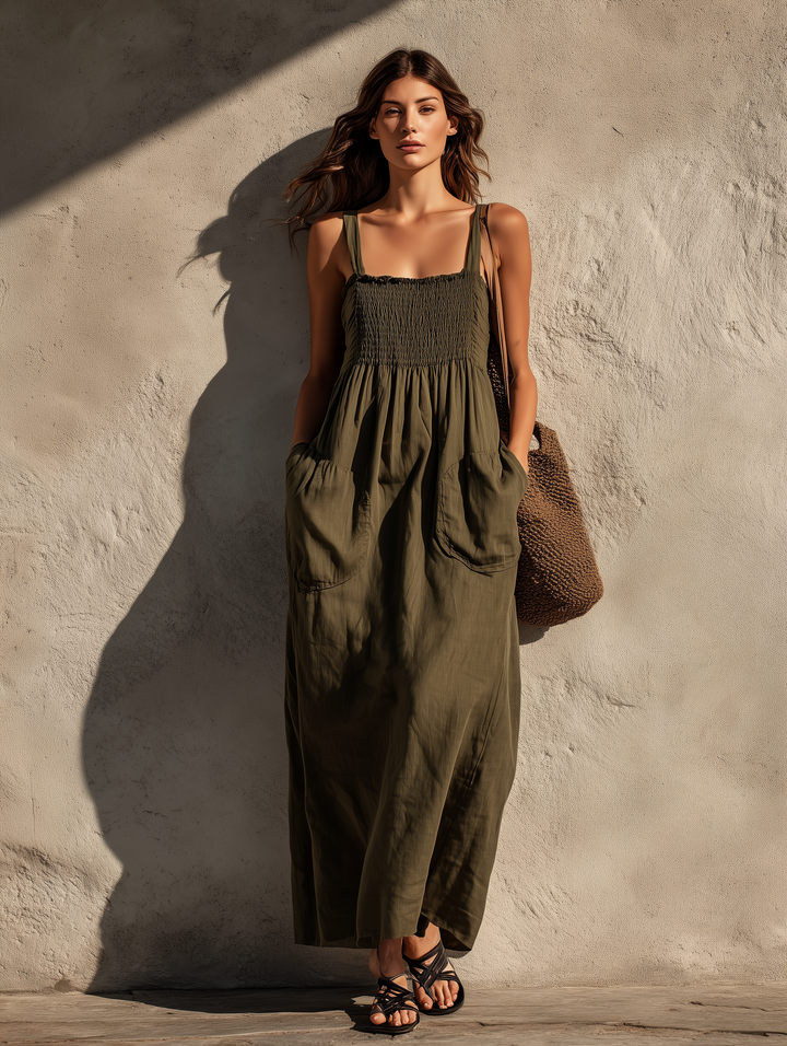 Women's Casual Olive Green Cotton-Linen Maxi Dress — Square Neck, Sleeveless MDZ2308D5LXY