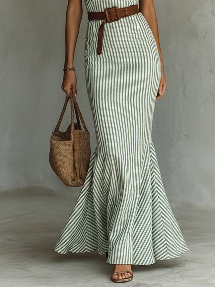 Women's Minimalist Striped Linen-Blend Single-Breasted Sleeveless Bodycon Fishtail Maxi Dress (Belt Not Included) MDZ2321D8Y