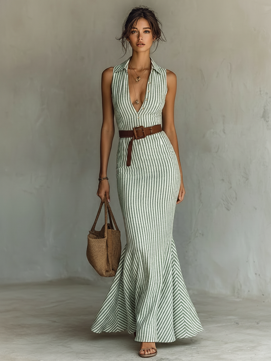 Women's Minimalist Striped Linen-Blend Single-Breasted Sleeveless Bodycon Fishtail Maxi Dress (Belt Not Included) MDZ2321D8Y