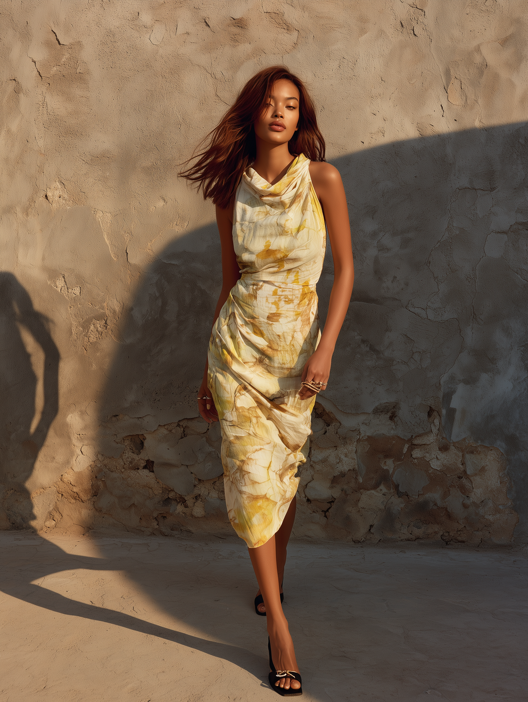 Women's Minimalist Ombré Print Cowl Neck Sleeveless Midi Dress MDZ2327D8Y