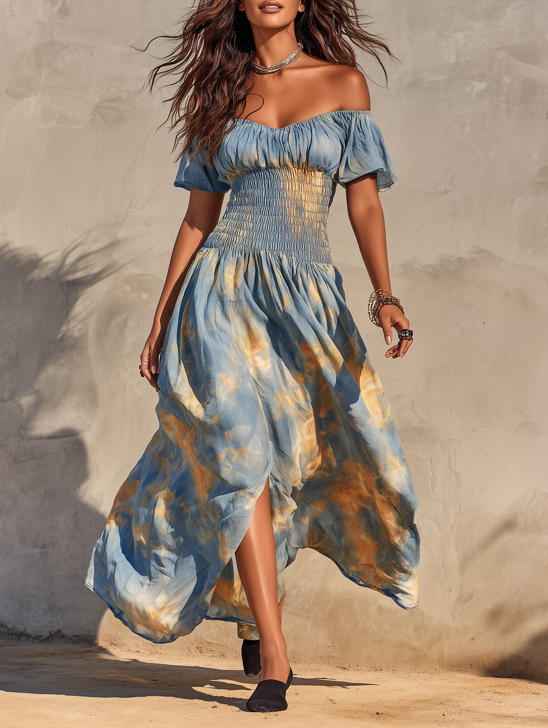 Women's Vacation Off-Shoulder Short-Sleeve Maxi Dress With Watercolor Ombré Print MDZ2374D3Y
