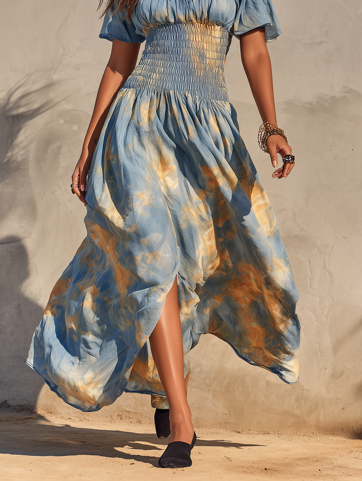 Women's Vacation Off-Shoulder Short-Sleeve Maxi Dress With Watercolor Ombré Print MDZ2374D3Y