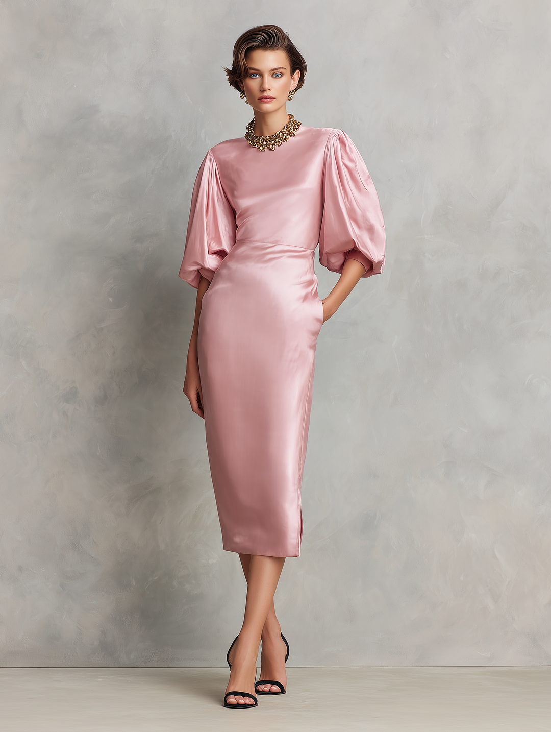 Women's Minimalist Faux-Acetate Midi Dress — Round Neck, Short Lantern Sleeves MDZ2321D2Y