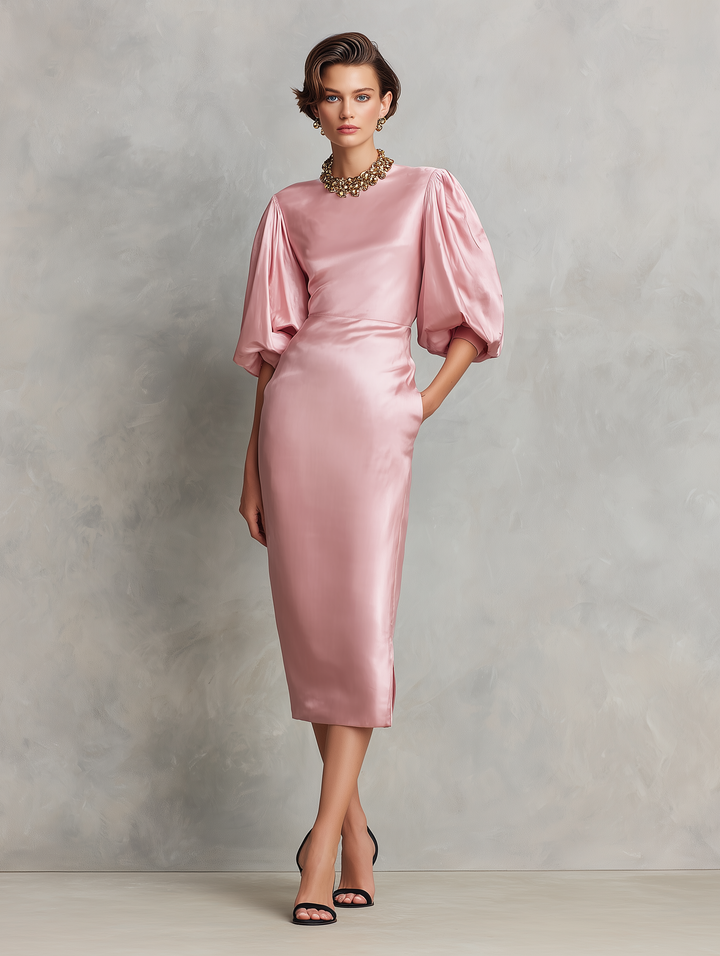 Women's Minimalist Faux-Acetate Midi Dress — Round Neck, Short Lantern Sleeves MDZ2321D2Y