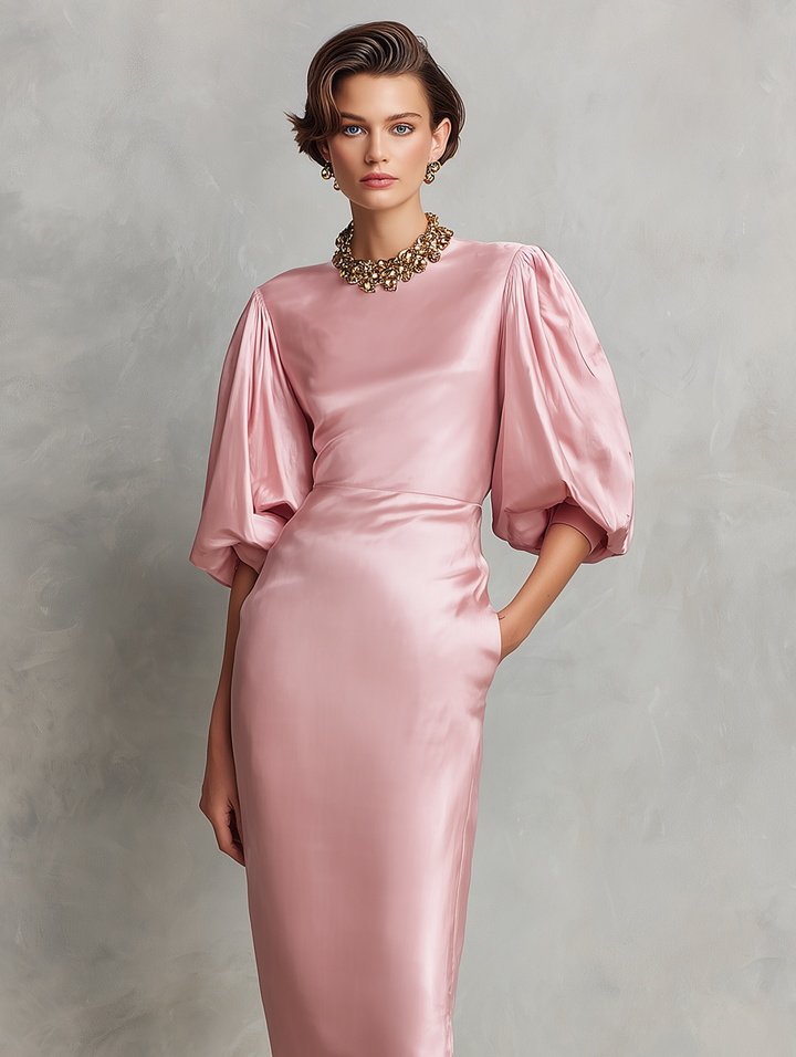 Women's Minimalist Faux-Acetate Midi Dress — Round Neck, Short Lantern Sleeves MDZ2321D2Y