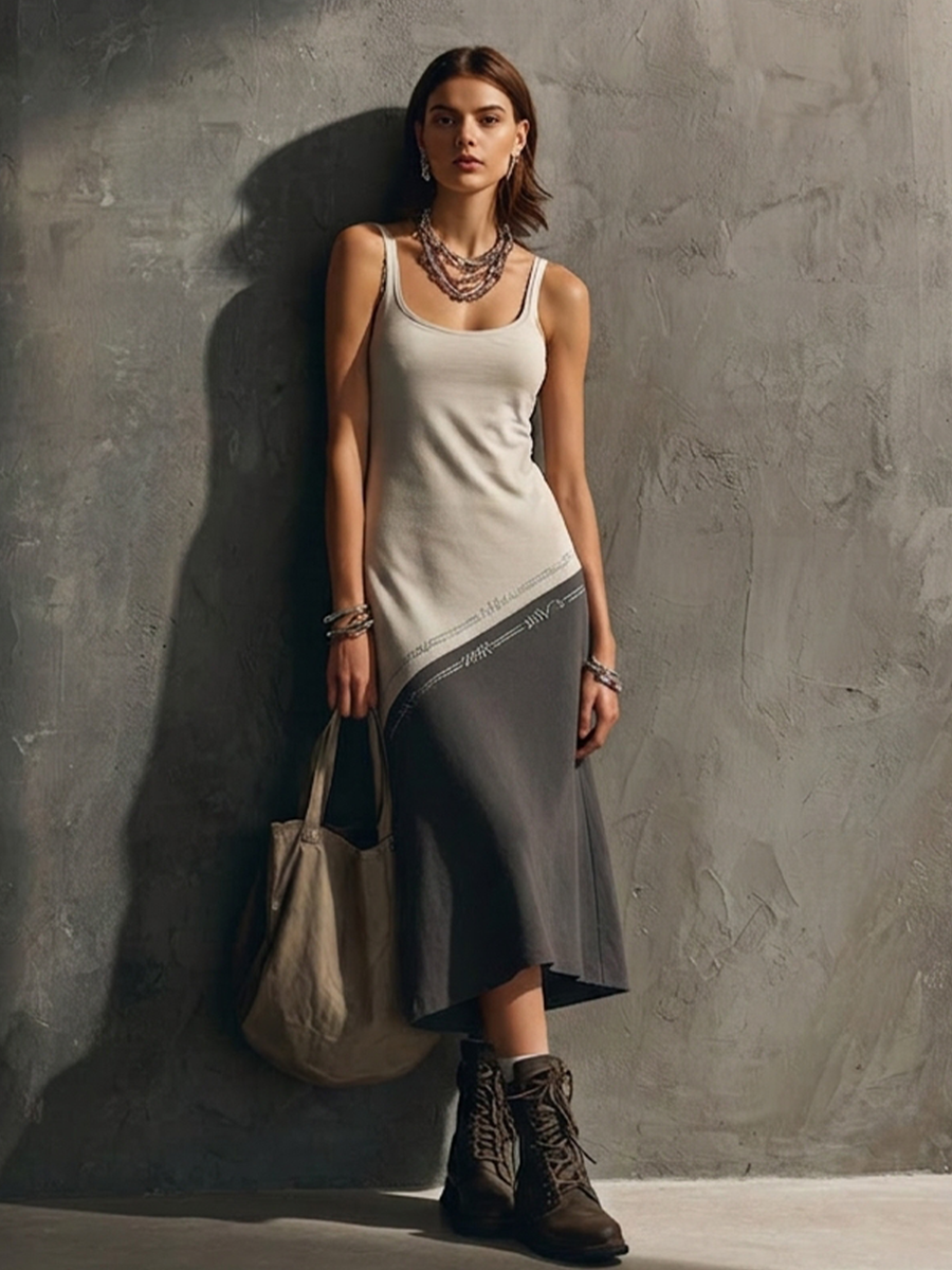 Women's Casual Beige & Gray Cotton-Blend Embroidered Color-Blocked Camisole Midi Dress MDZ2397D4GMJ