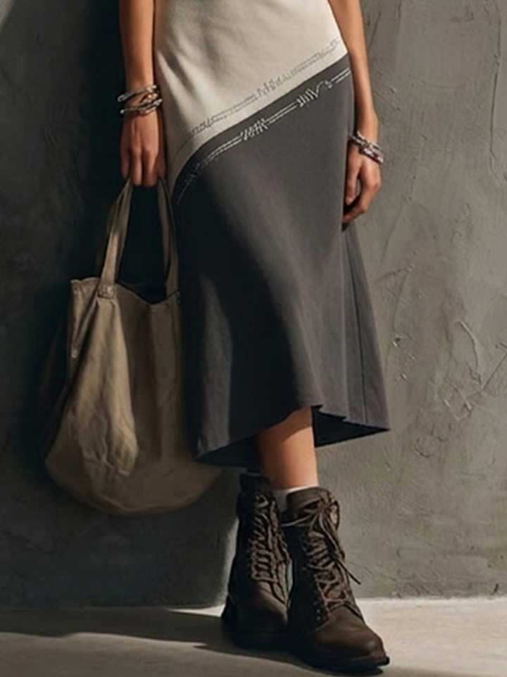 Women's Casual Beige & Gray Cotton-Blend Embroidered Color-Blocked Camisole Midi Dress MDZ2397D4GMJ
