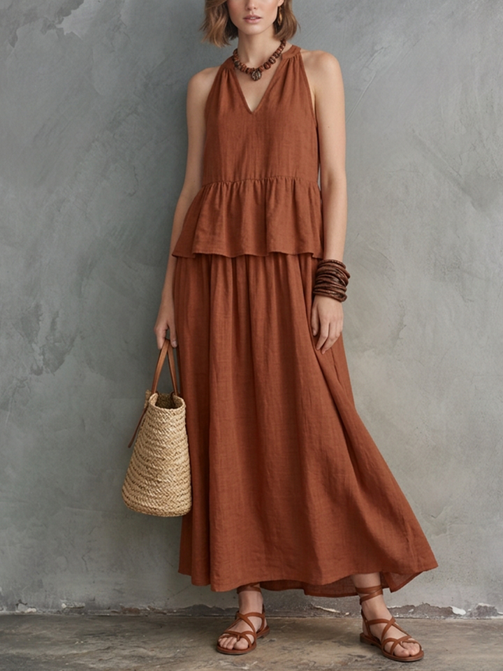 Women's Vacation Caramel Linen-Cotton Halter V-Neck Tiered Maxi Dress MDZ2337D9GMJ