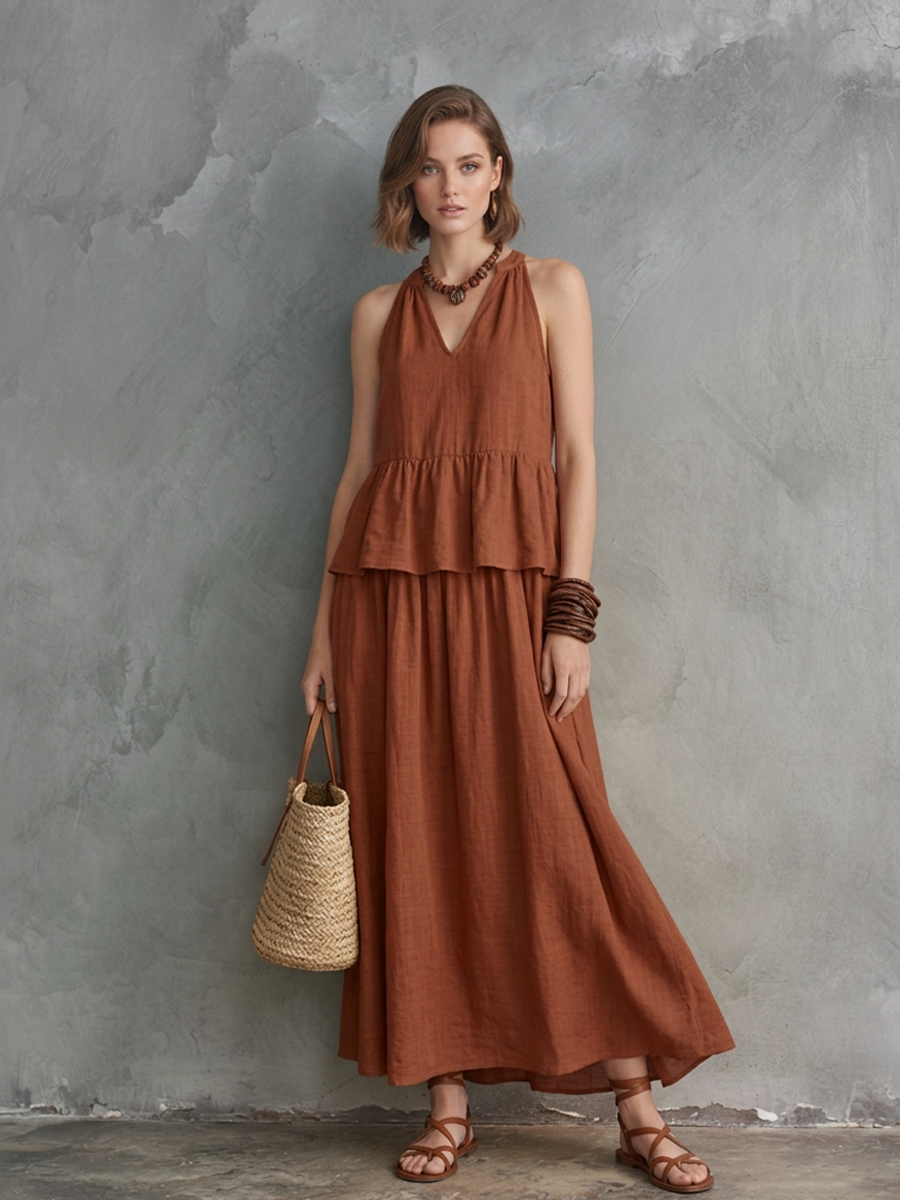 Women's Vacation Caramel Linen-Cotton Halter V-Neck Tiered Maxi Dress MDZ2337D9GMJ