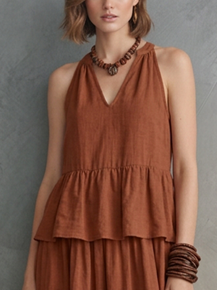 Women's Vacation Caramel Linen-Cotton Halter V-Neck Tiered Maxi Dress MDZ2337D9GMJ