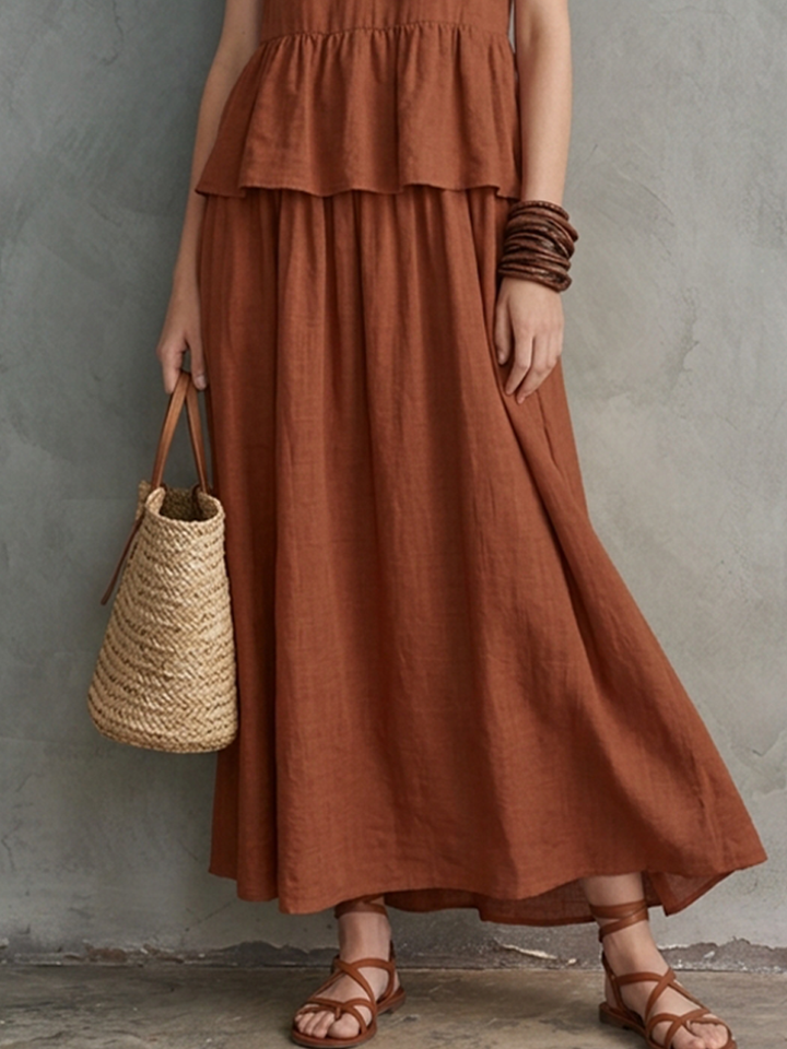 Women's Vacation Caramel Linen-Cotton Halter V-Neck Tiered Maxi Dress MDZ2337D9GMJ