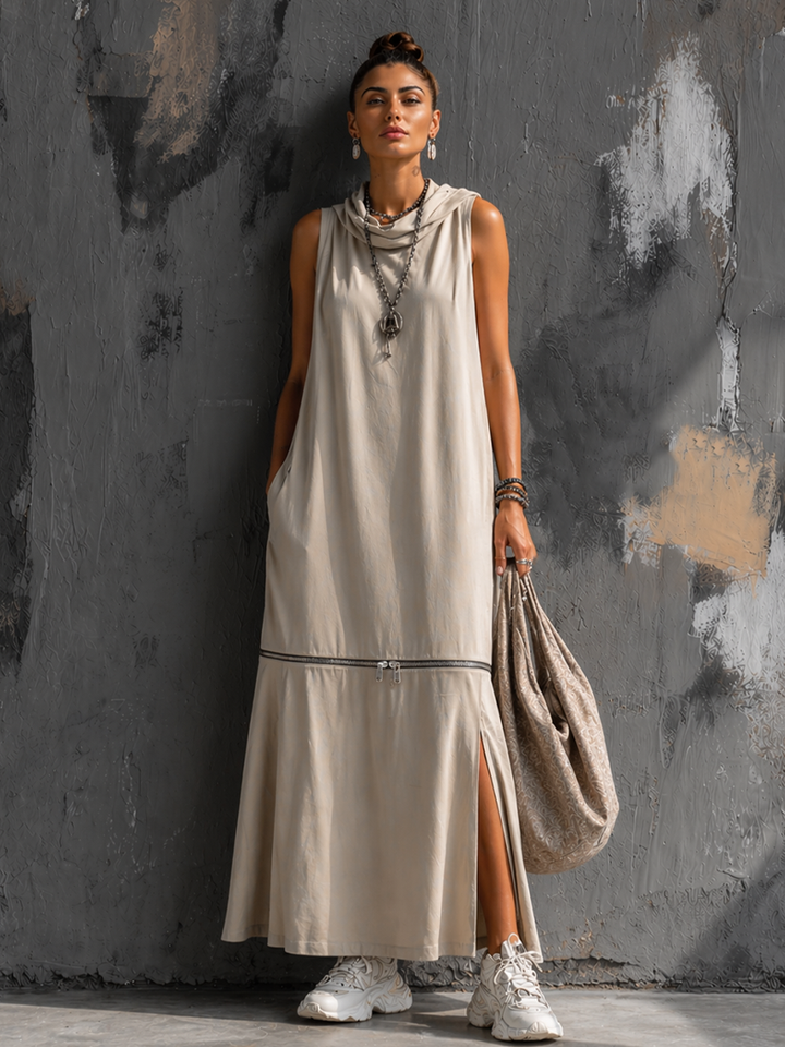 Women's Casual Light Beige Cotton Blend Sleeveless Long Dress With Detachable Zipper MDZ2385D5GMJ