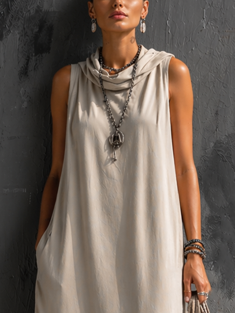 Women's Casual Light Beige Cotton Blend Sleeveless Long Dress With Detachable Zipper MDZ2385D5GMJ