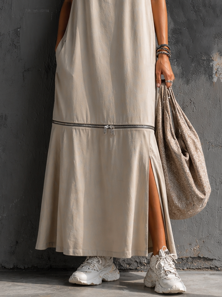 Women's Casual Light Beige Cotton Blend Sleeveless Long Dress With Detachable Zipper MDZ2385D5GMJ