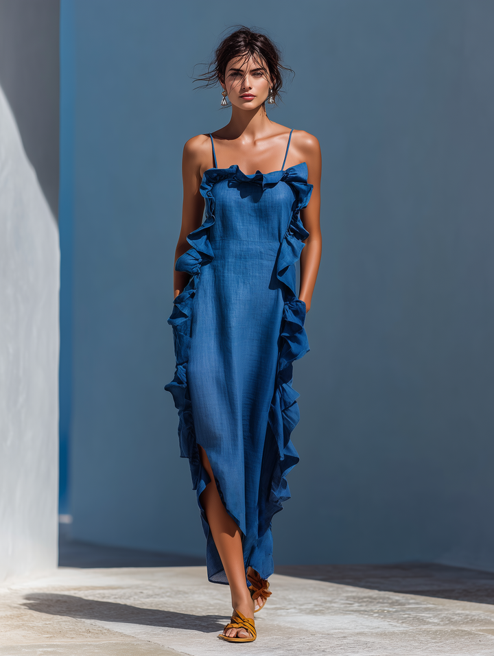 Women’s Blue Linen-Blend Spaghetti Strap Ruffle Trim Maxi Dress With Slit MDZ2407D1T