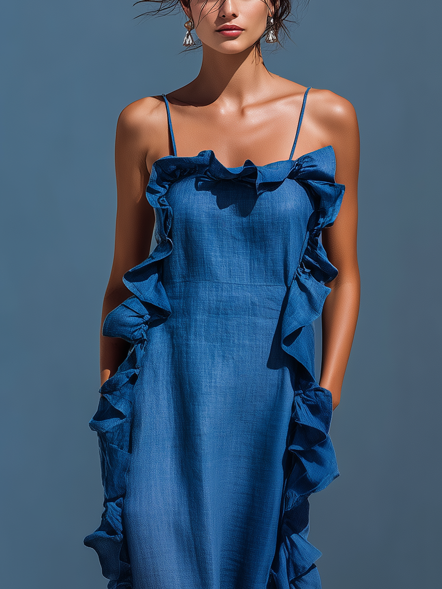 Women’s Blue Linen-Blend Spaghetti Strap Ruffle Trim Maxi Dress With Slit MDZ2407D1T