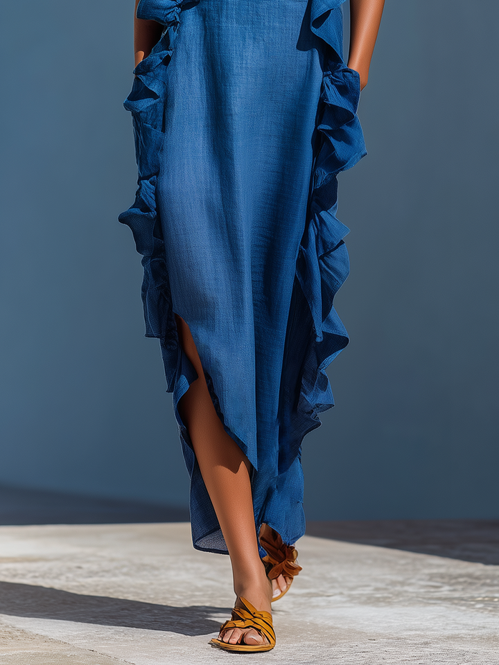 Women’s Blue Linen-Blend Spaghetti Strap Ruffle Trim Maxi Dress With Slit MDZ2407D1T