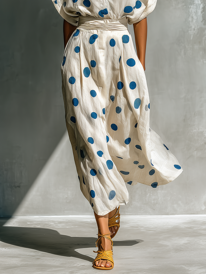 Women’s Off-White Linen-Blend Polka Dot Shirt Dress With Waist Cincher & Pockets MDZ2481D3T