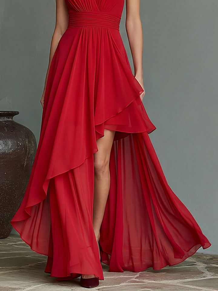 Women's Red Chiffon Halter Maxi Dress With Deep V-Neck & Asymmetric High-Low Hem, Timeless Formal Evening Gown MDZ2498D9LYL