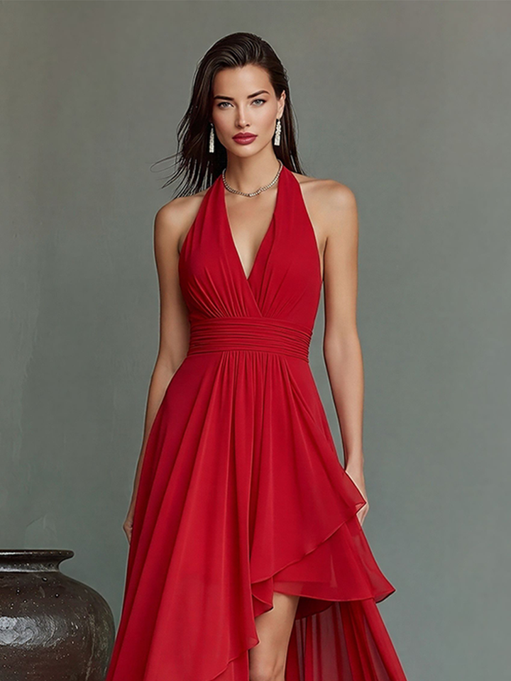 Women's Red Chiffon Halter Maxi Dress With Deep V-Neck & Asymmetric High-Low Hem, Timeless Formal Evening Gown MDZ2498D9LYL