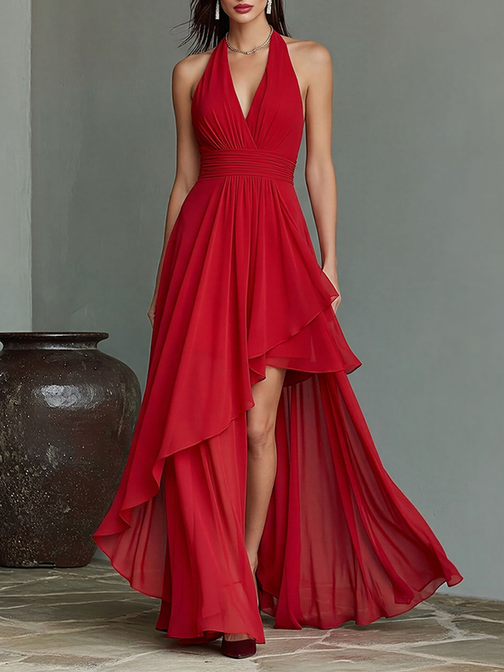 Women's Red Chiffon Halter Maxi Dress With Deep V-Neck & Asymmetric High-Low Hem, Timeless Formal Evening Gown MDZ2498D9LYL