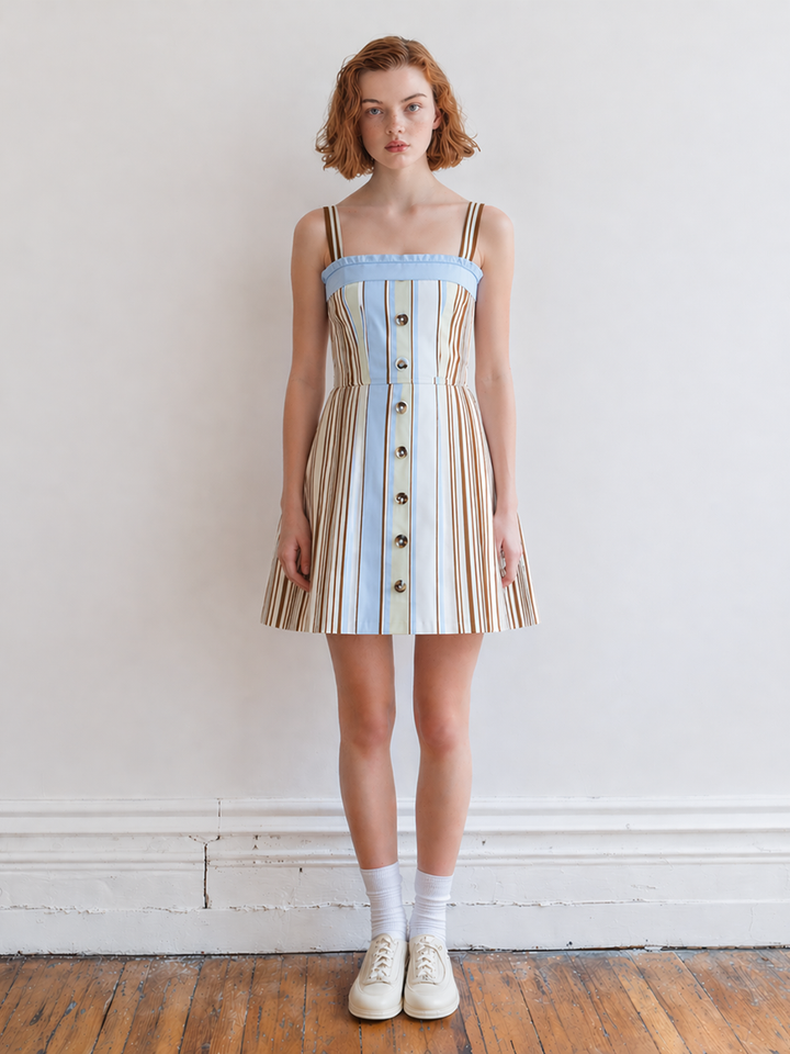 Women's Light Retro Fresh And Sweet Striped Sleeveless Mini Dress MDZ2408D1ZJW