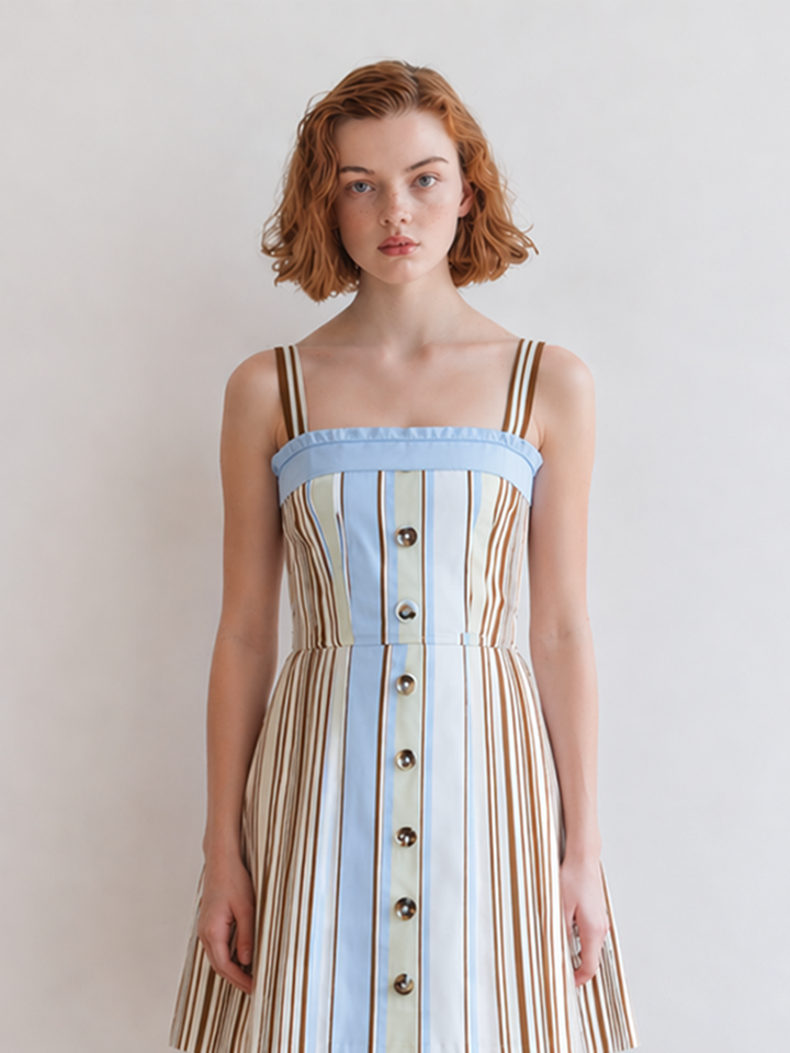 Women's Light Retro Fresh And Sweet Striped Sleeveless Mini Dress MDZ2408D1ZJW