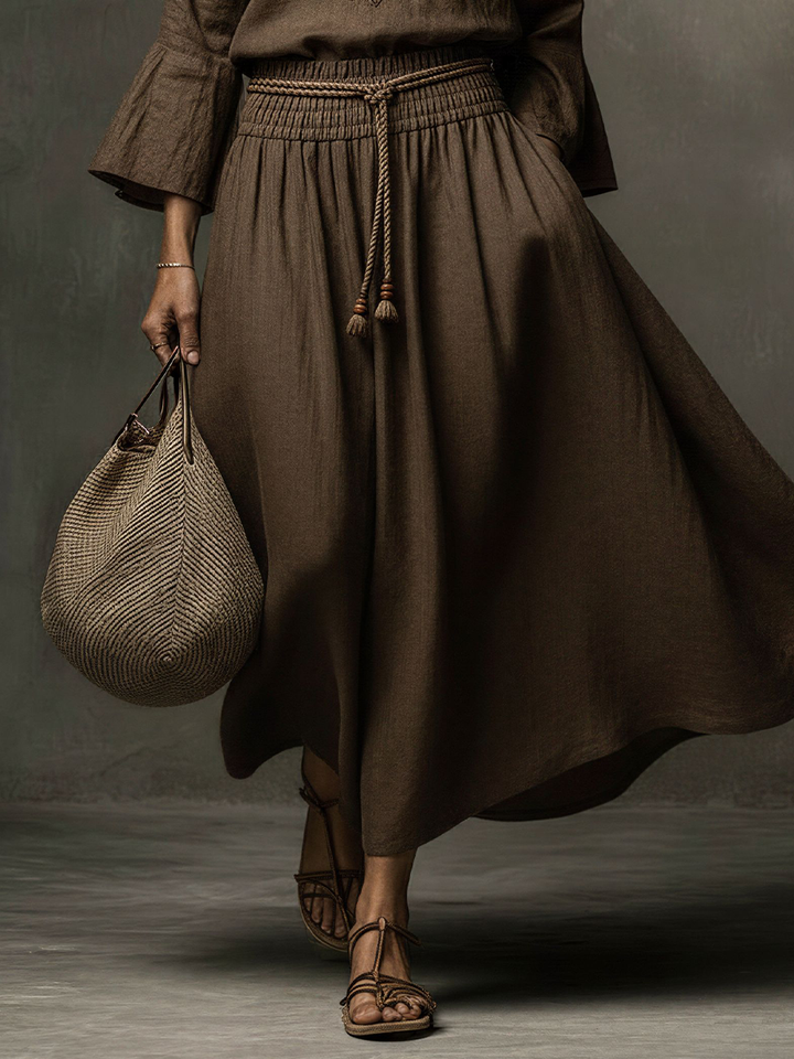Women's Bohemian Dark Brown Linen-Cotton Embroidered Flare-Sleeve Waisted Maxi Dress MDZ2417D8GMJ