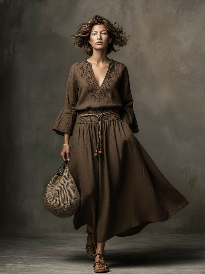 Women's Bohemian Dark Brown Linen-Cotton Embroidered Flare-Sleeve Waisted Maxi Dress MDZ2417D8GMJ