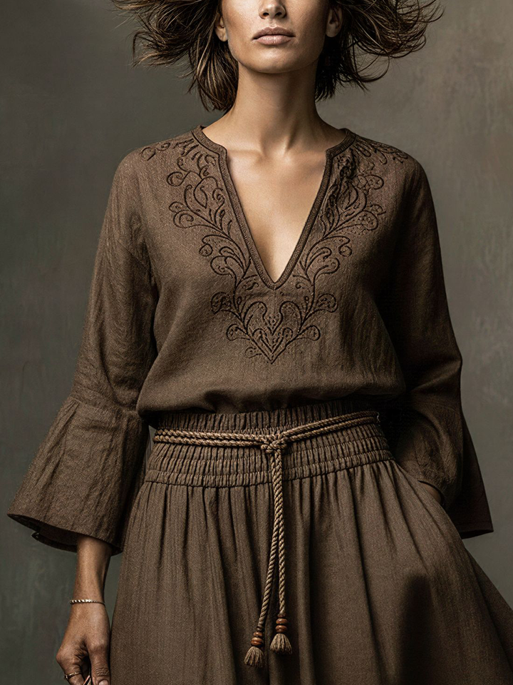 Women's Bohemian Dark Brown Linen-Cotton Embroidered Flare-Sleeve Waisted Maxi Dress MDZ2417D8GMJ