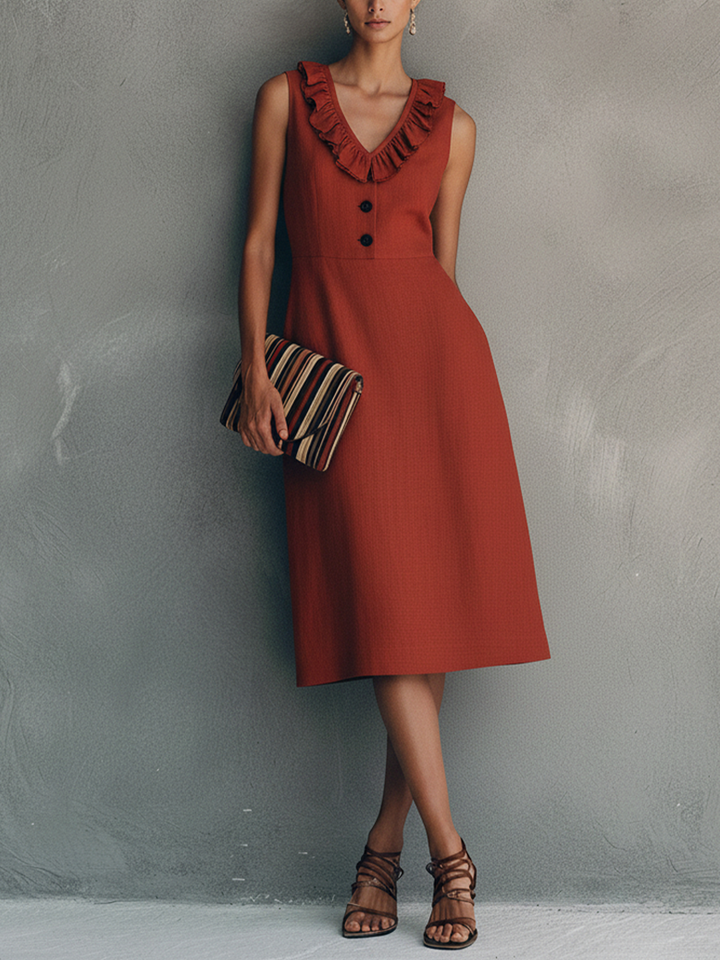Women's Elegant Red Cotton Linen V-Neck Ruffled Sleeveless Midi Dress With Front Button Design MDZ2413D1GMJ
