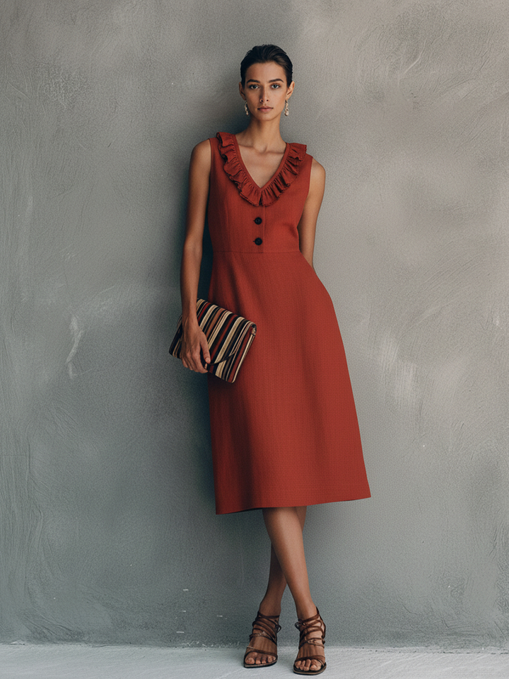 Women's Elegant Red Cotton Linen V-Neck Ruffled Sleeveless Midi Dress With Front Button Design MDZ2413D1GMJ