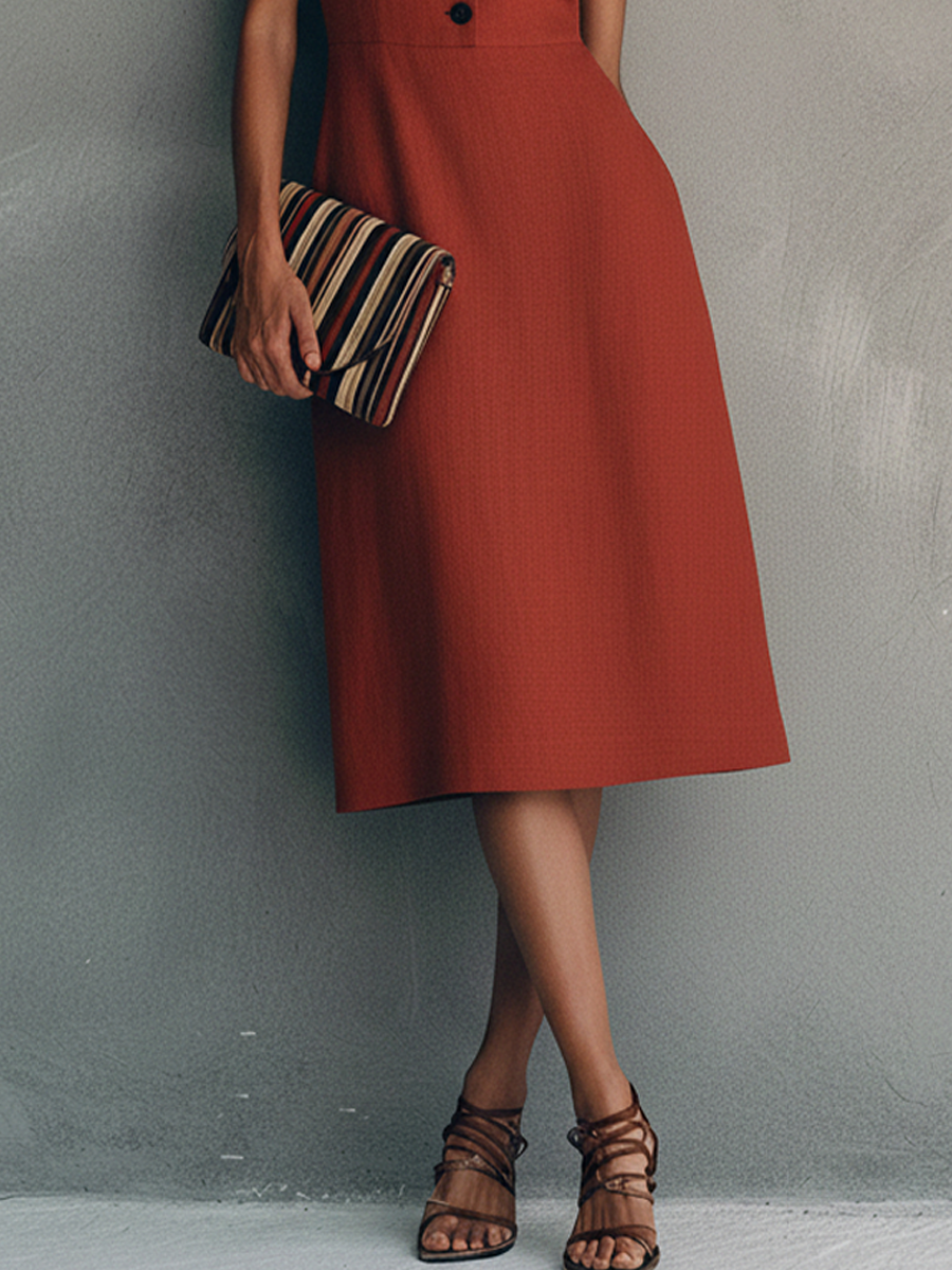 Women's Elegant Red Cotton Linen V-Neck Ruffled Sleeveless Midi Dress With Front Button Design MDZ2413D1GMJ